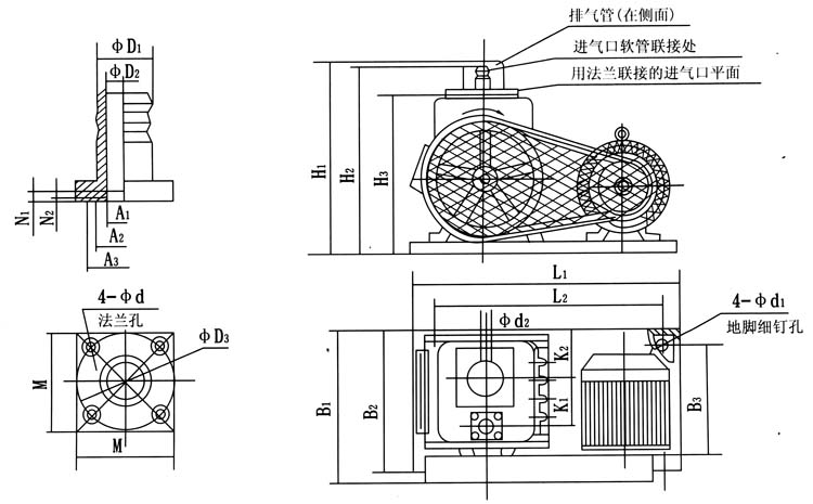 2X-4A型雙級旋片式真空泵的安裝尺寸表